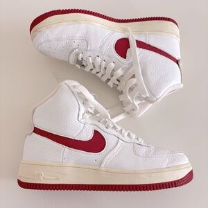 Nike “Dunk High” White and Red High-Top Sneakers